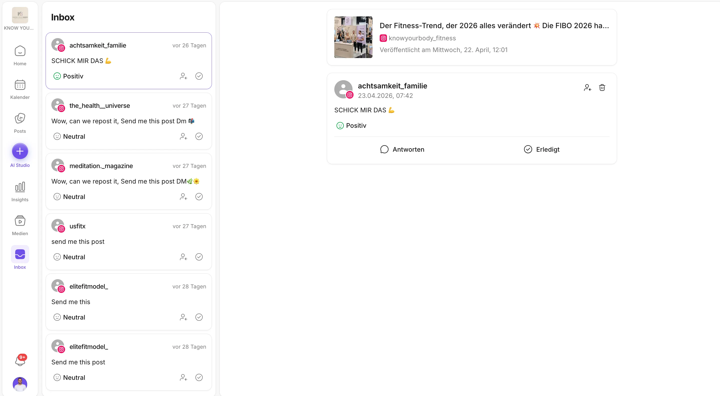 Inbox – Kommentare, Nachrichten und Reaktionen aus allen Kanälen